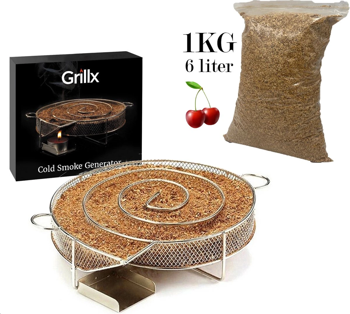 GrillX Cold Smoke Generator Met 1KG Kersen Rookmot - 6 Liter - Smokerbox - RVS Rookbox - Rookgenerator - Koud Roken - BBQ Accesoires 1 GrillX Cold Smoke Generator Met 1KG Kersen Rookmot - 6 Liter - Smokerbox - RVS Rookbox - Rookgenerator - Koud Roken - BBQ Accesoires