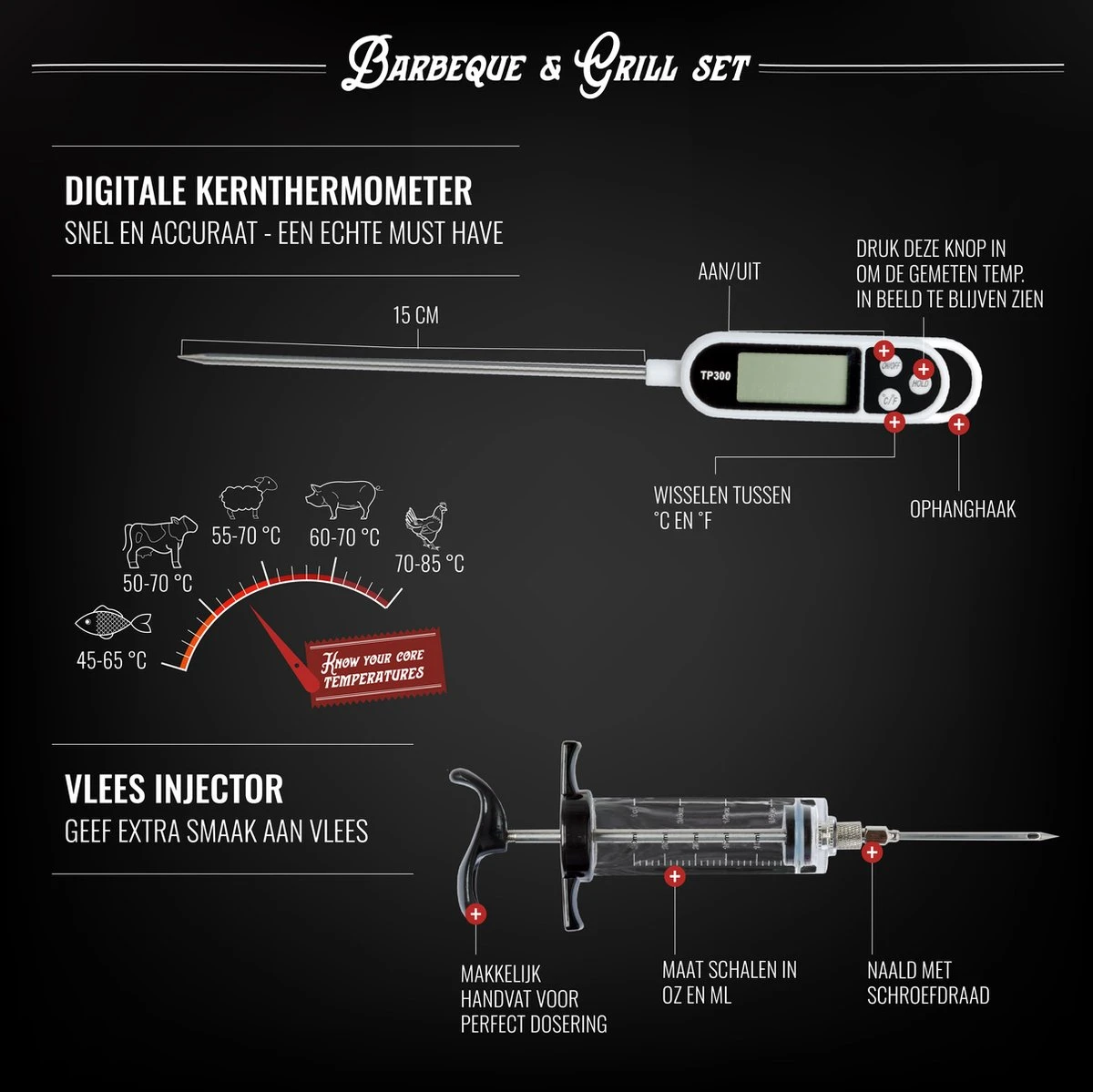 Mountain Jack® 40-Delige Luxe BBQ Grill Accessoires Set In Roestvrij Staal – Barbecue Gereedschap – Tangenset, Vlees Thermometer, Vleestang, Borstel, Spiezen, Vleesmes, Vleesvork 6 Mountain Jack® 40-Delige Luxe BBQ Grill Accessoires Set In Roestvrij Staal – Barbecue Gereedschap – Tangenset, Vlees Thermometer, Vleestang, Borstel, Spiezen, Vleesmes, Vleesvork - Afbeelding 6