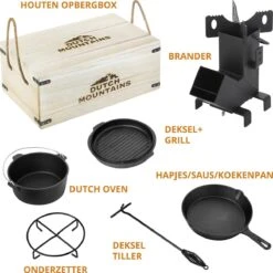 Dutch Mountains Gietijzeren Pannenset 7-delig - Dutch Oven – Braadpan - Grillpan - Hapjespan - Kookset In Houten Transportkist - Deksellifter - Brander -Barbecue Gereedschap Winkel 1200x1200 684
