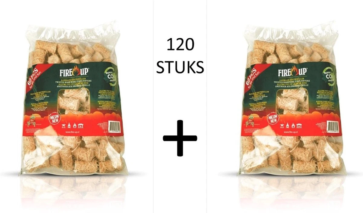Fire-Up Aanmaak Houtkrullen - 2 Zakken Van 60 Stuks - (120 Stuks!) 1 Fire-Up Aanmaak Houtkrullen - 2 Zakken Van 60 Stuks - (120 Stuks!)